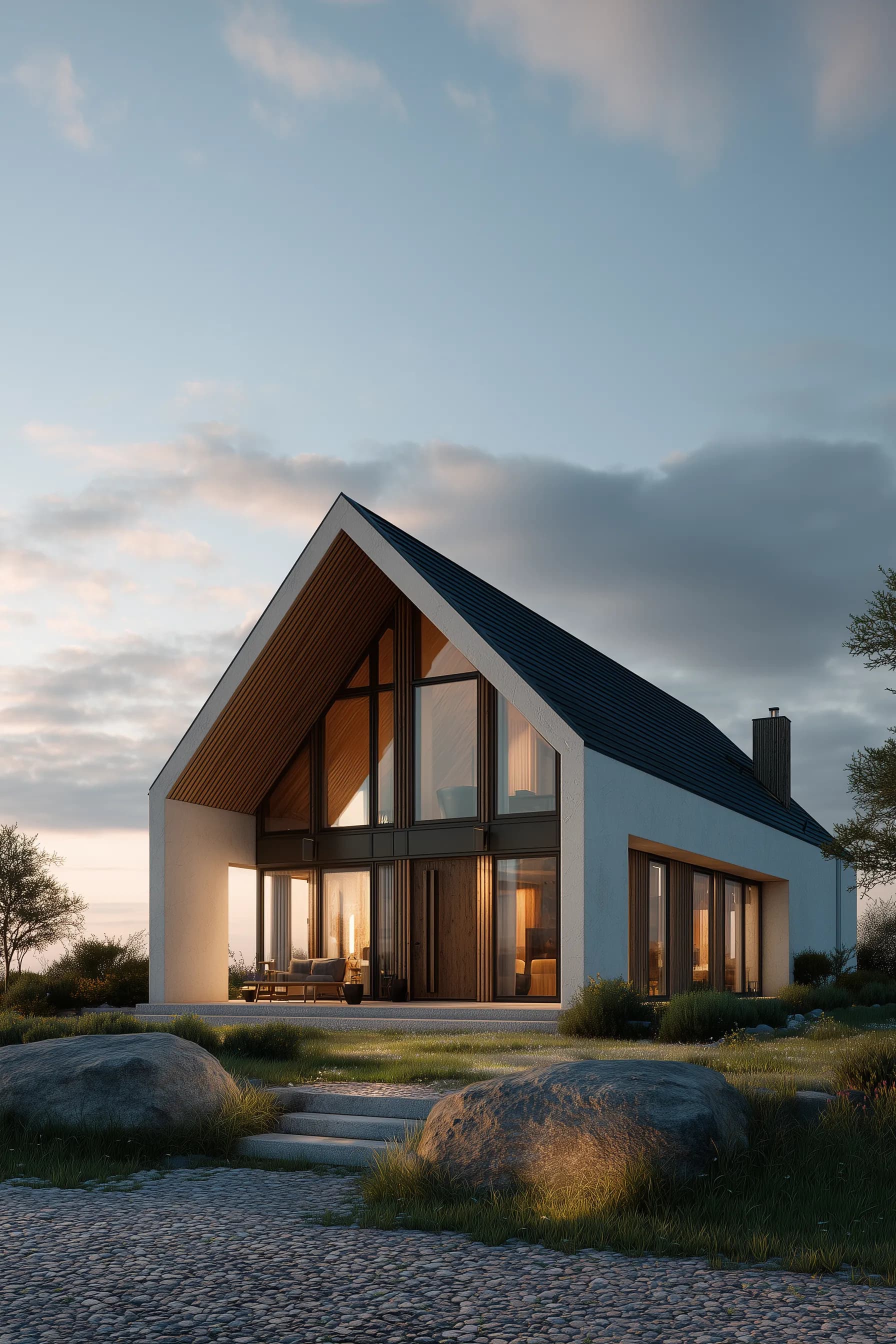 Illustrative modern home at dusk with warm lighting